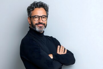 Fototapeta premium Portrait of a confident man with glasses and arms crossed wearing a black turtleneck shirt