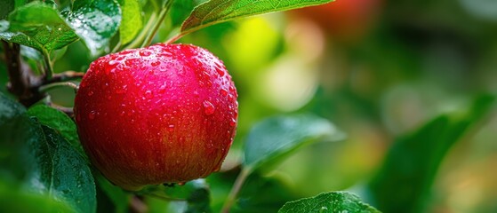 Obraz premium The Apple on a Dewy Branch in a Lush Green Orchard Morning