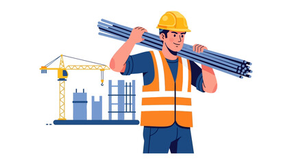 Construction Worker with Supplies: A construction worker wearing a safety helmet and vest carries supplies with a backdrop of a building site showcasing the dedication, labor and industry.