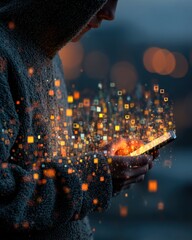 Digital addiction concept: a person in a hoodie holding a glowing smartphone with data streaming as glowing pixels, capturing a moody and atmospheric tech vibe