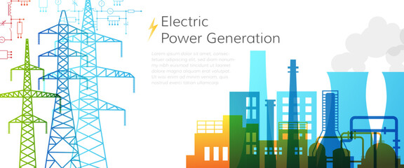 Electric power generation. Engineering industrial background with power factory, electrical power lines and technical drawing elements. Horizontal banner for technology or automation conceptual design