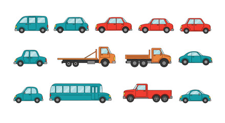 Collection of pixel art vehicles including cars trucks buses and vans for transportation themes