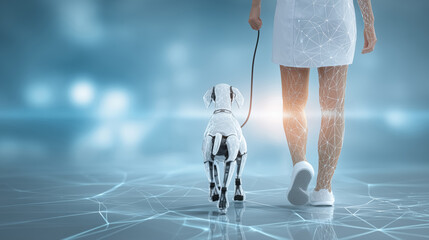 Young fit girl walking with a white metal robotic dog, abstract metaverse background with copy space for text. 