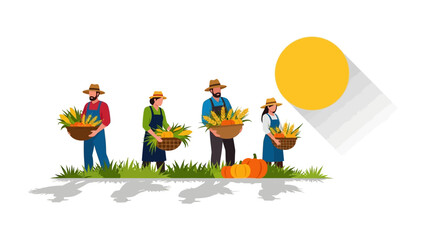 Fototapeta premium Harvest Bounty: A team of hardworking farmers gather in a sunlit field, each carrying a basket brimming with the season's golden harvest. A perfect illustration of prosperity