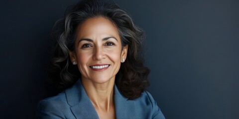 Portrait of a smiling woman with grey hair in a blue blazer against a dark blue background