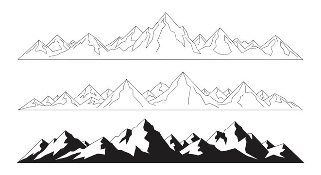 Stylized mountain ranges silhouette and line art illustrations for outdoor adventure themes