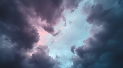 Dramatic Stormy Skies in Pink and Blue Gradient - Abstract weather background, intense atmosphere, tension, cloudy texture, vibrant pastel whirlwind, panoramic backdrop