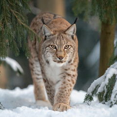 Obraz premium Lynx walking through a snowy forest mid-distance view tranquil winter wildlife scene