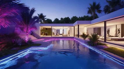 Cinematic 3D night luxury modern home with pool. residence as neon-blue purple LED lights pool and garden. Smart home system silhouettes. Elegant luxury real estate, futuristic ambiance, 4K ultra HD - Powered by Adobe