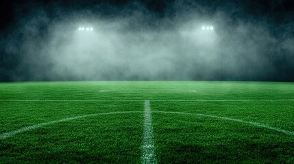 Obraz premium Empty soccer field at night with spotlights and haze
