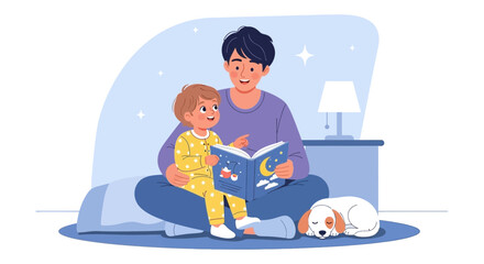 Fototapeta premium A Loving Father Reading Bedtime Stories to His Child With A Sleeping Dog Present
