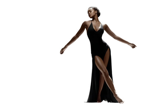 Elegant dancer in flowing black gown captures attention with dramatic movement and poise - Powered by Adobe