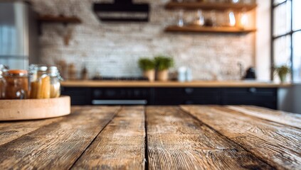 Rustic wooden table top in a modern kitchen, showcasing a blurred background of a stylish kitchen space.