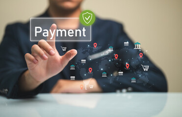 Digital Payment Concept with Businessman Touching Screen Interface and Security Badge for Online Transaction and Financial Management