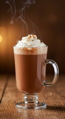 Hot chocolate served in a crystal glass mug with whipped cream and cinnamon sprinkles, steaming drink on a wooden table. New Year, Christmas concept.