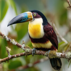 Obraz premium Vibrant toucan perched on a branch showing a colorful beak close-up wildlife portrait