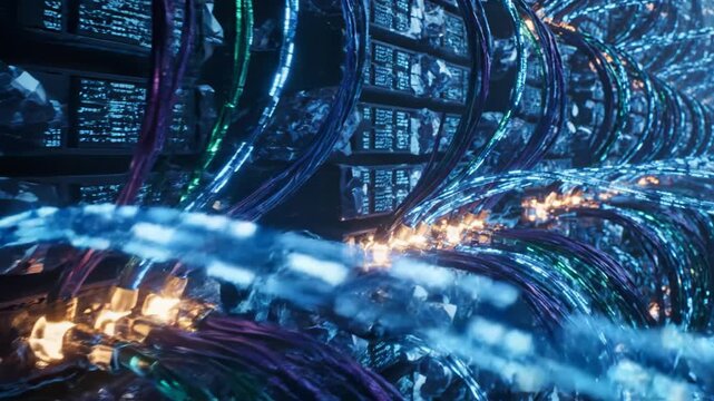 Data center cables glowing with light futuristic technology connection network infrastructure high quality professional