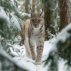 Fototapeta premium Lynx walking through snowy forest medium shot wildlife portrait