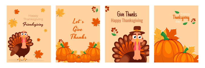Obraz premium Set of postcards, invitations, Happy Thanksgiving Day, turkey, hat, pumpkin, wheat ears, yellow and orange leaves, red berries, autumn, vector on an autumn background
