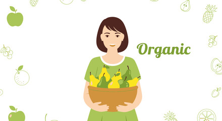 A Smiling Woman Holding a Basket Filled With Freshly Harvested Pears for Organic Food