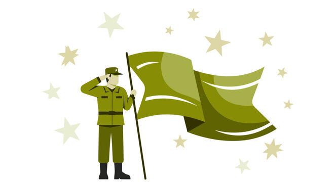 Army Soldier Saluting A Flag With Olive Green Color Scheme And Star Elements