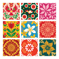 Collection of Nine Colorful Floral and Geometric Patterned Tiles for Design Projects