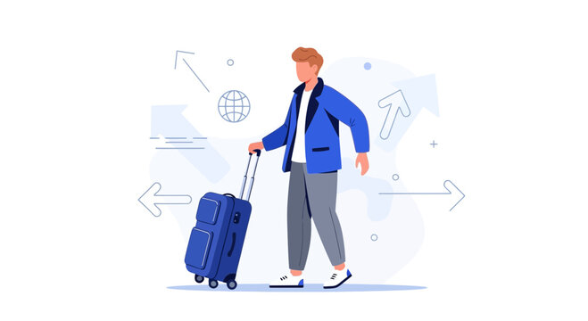 A Traveler Navigating International Destinations With Luggage and Directional Indicators