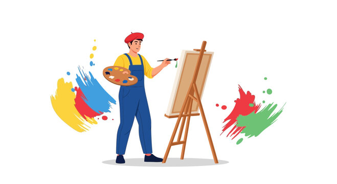 Artist Crafting A Masterpiece On Canvas With Paint Palette And Watercolor Splatter