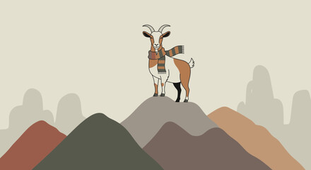 Naklejka premium A Whimsical Goat Adorning a Scarf Stands Confidently atop the Abstract Mountain Peaks