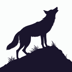 Silhouette of a wolf howling on a grassy mound against a white background animal wildlife