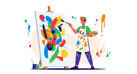 Artist Painting Abstract Expressionism Artwork With Paintbrush on Canvas, Artistic Creation