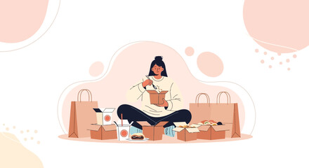 Obraz premium A Woman Relaxes Enjoying Takeout Food Amidst Shopping Goodies, Illustrated