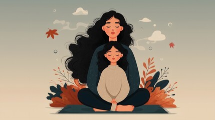 Vector illustration of a mother and child meditating amid autumn foliage in soft diffused lighting, ideal for mindfulness blog posts or wellness app features