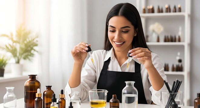 Smiling young woman crafting natural essential oils or perfume, holding droppers. Her white table is set with amber bottles, beakers, and ingredients for aromatherapy and DIY beauty. - Powered by Adobe
