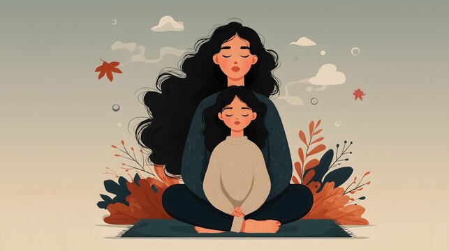 Vector illustration of a mother and child meditating amid autumn foliage in soft diffused lighting, ideal for mindfulness blog posts or wellness app features