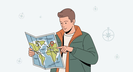 A Young Man Navigates a World Map to Plan Future Travel and Adventures