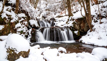 A tranquil winter waterfall cascading over snowy rocks in a serene forest setting.