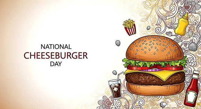 Delicious cheeseburger with fries and condiments celebrating national cheeseburger day