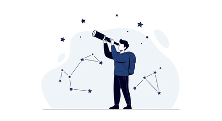 Astronomy Observer Gazing Into The Night Sky With A Telescope For Exploration