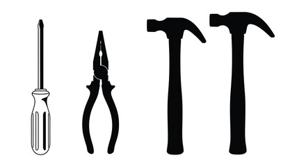 various tools lined up neatly showing screwdriver pliers hammers silhouette