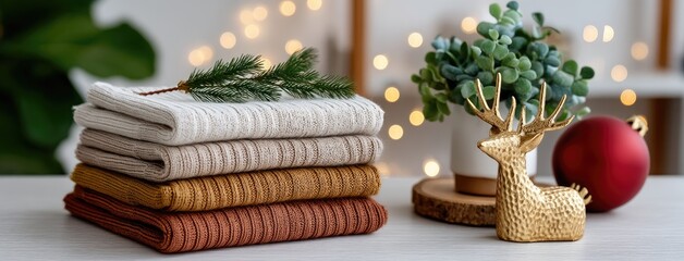 Soft knit sweaters arranged on a table with festive decor including a gold reindeer and potted plant in a cozy indoor setting