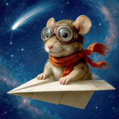 A charming mouse wearing goggles and a red scarf rides a paper airplane through a starry night sky as a bright comet illuminates the scene, adding to the whimsical atmosphere