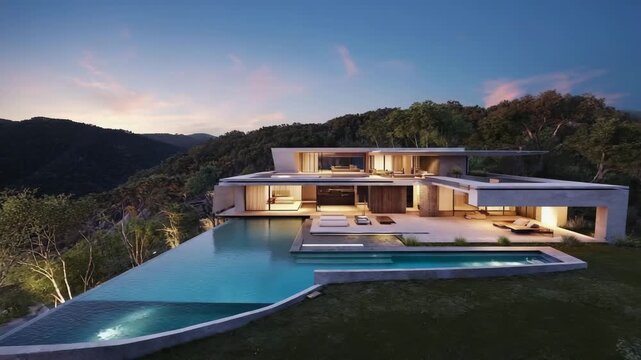 realistic 3D luxurious modern residence infinity pool golden hour. Drone sky water level, reflections sunset pool surface. patio elegant glass walls, lush landscaping interior Luxury real estate 4K