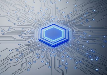 Abstract Futuristic Hexagonal Core with Glowing Blue Circuits and Digital Network Connections