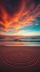 Naklejka premium Sand circle art on beach at sunset with vibrant orange and blue sky and gentle ocean waves rolling in