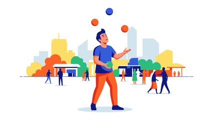 Artful Juggler Amidst Urban Charm: An illustrated juggler showcases their skill with colorful balls, set against the backdrop of a modern cityscape, creating a visually engaging and dynamic scene.