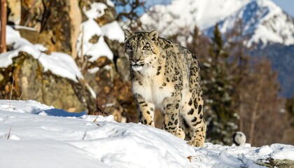 A snow leopard stands alert on a snowy mountain ridge, its gaze focused on the viewer.