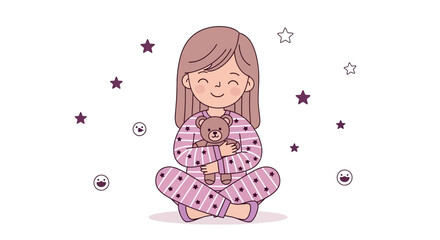 Adorable Cartoon Girl in Pajamas Holding Teddy Bear with Celestial Elements