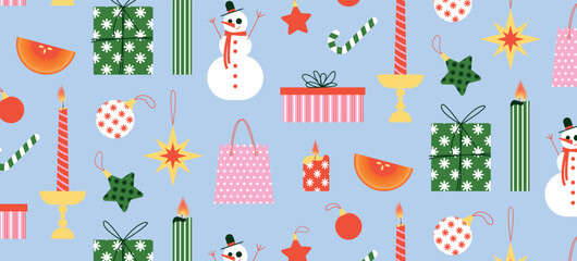 Christmas and New Year 2026 seamless festive pattern with snowmen, burning candles, baubles, star ornaments, candy canes, wrapped gifts, shopping bag, orange slices on blue. Vector flat holiday design