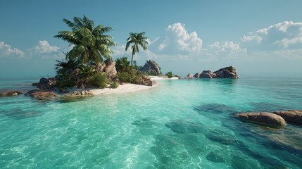 Naklejka premium Deserted tropical island with turquoise waters, golden sand, and palm trees swaying in the breeze, offering a tranquil vacation spot